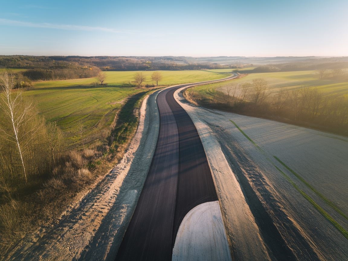 Widok z lotu ptaka na nowo wybudowaną drogę asfaltową